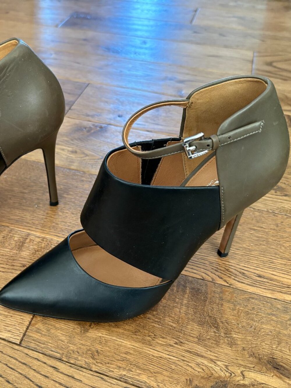 Coach 4" Black and Taupe Leather Heals with Ankle Strap